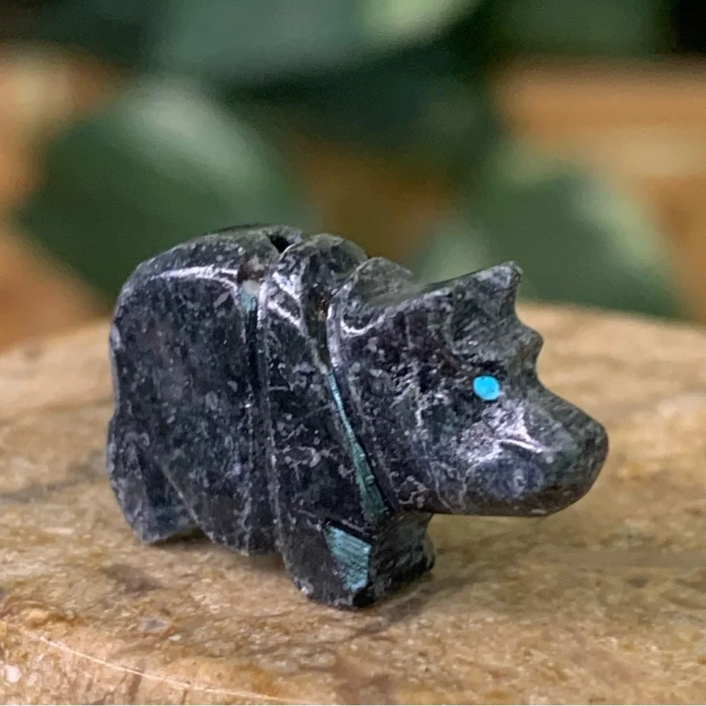 Native American Style Zuni Bear Fetish Bead Black Drilled Stone Mini Animal .7
